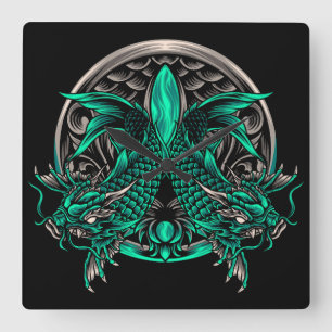 Horloge Carrée Dragon koi Fish