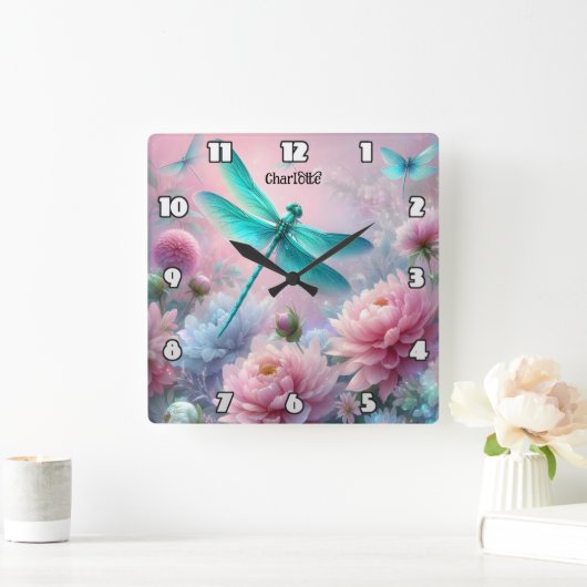 Horloge Carrée Dragonfly Dreams : Floral, Ethereal, Pastel (Maison)