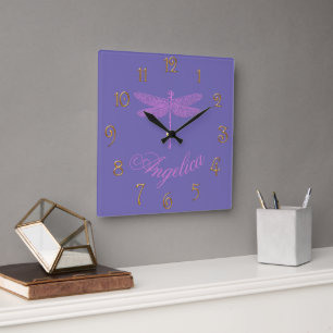 Horloge Carrée Dragonfly Imaginaire rose et violet