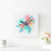 Horloge Carrée Dragonfly rouge sur l'arrière - plan aquarelle (Maison)