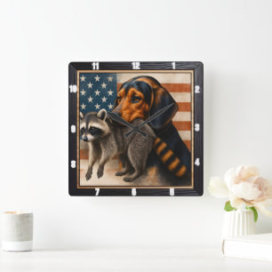Horloge Carrée Drapeau américain beagle Raccoon