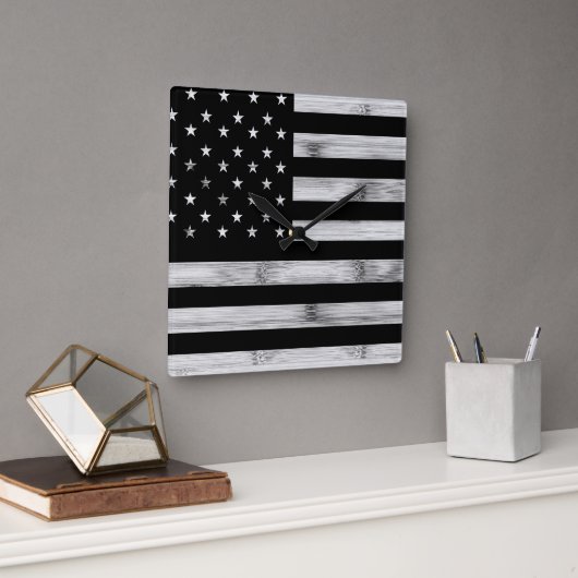 Horloge Carrée Drapeau américain Bois rustique Noir Blanc Patriot (Bureau)