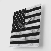 Horloge Carrée Drapeau américain Bois rustique Noir Blanc Patriot (Angle)