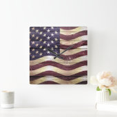 Horloge Carrée Drapeau américain bois Vintage (Maison)