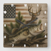 Horloge Carrée Drapeau américain Deer Bass (Recto)
