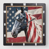 Horloge Carrée Drapeau américain du cheval patriotique (Recto)