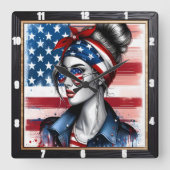 Horloge Carrée Drapeau américain stylé femme patriotique (Recto)