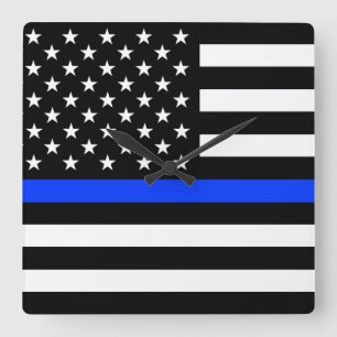 Horloge Carrée Drapeau de la police Thin Blue Line