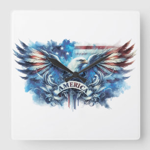 Horloge Carrée Drapeau de l'aigle et des USA.Patriotique.