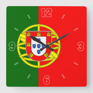 Horloge Carrée Drapeau du Portugal Numéro Rouge Vert Armoiries Ca