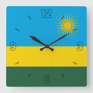 Horloge Carrée Drapeau du Rwanda bleu bleu jaune chiffres du sole
