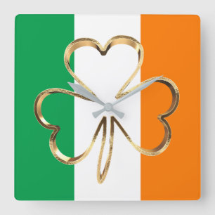 Horloge Carrée Drapeau irlandais Faux Gold Shamrock Clover
