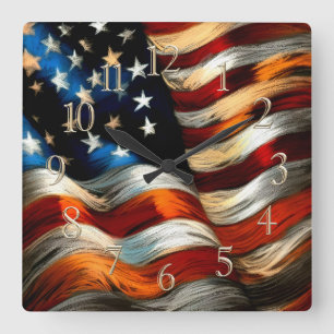Horloge Carrée Drapeau Patriotique USA Dur Pastel