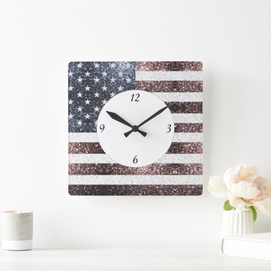 Horloge Carrée Drapeau rustique rouge blanc bleu étincelant USA (Maison)