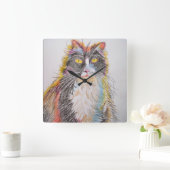 Horloge Carrée Drawing Tuxedo Cat Art Wall Clock (Maison)
