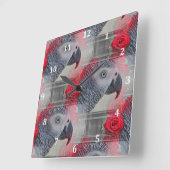 Horloge Carrée Dreamy African Grey with Red Roses (Angle)