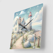 Horloge Carrée Dreamy Pastel Lighthouse by the Sea (Angle)