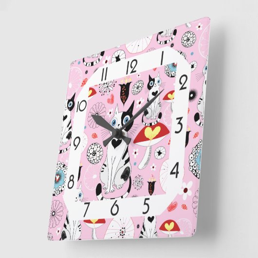 Horloge Carrée Drôle chat rose (Angle)