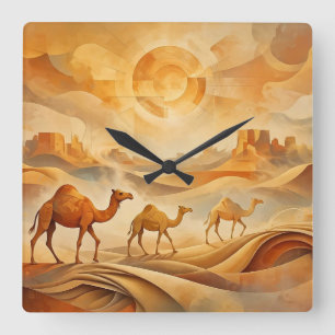Horloge Carrée Dromadaires du lever de soleil dans le désert Sabl