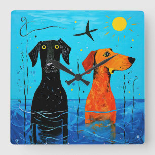 Horloge Carrée "Duo aquatique de la joie" - Chiens surréalistes e