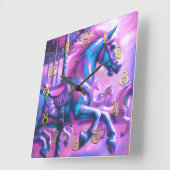 Horloge Carrée Dur Pastel Dessin Cool Tons Carrousel Cheval (Angle)