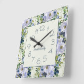 Horloge Carrée Dusty Blue Watercolor Floral (Angle)