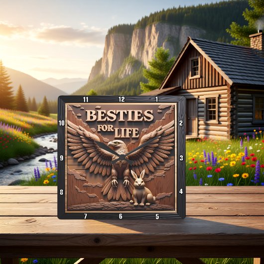 Horloge Carrée Eagle Rabbit Besties Portrait