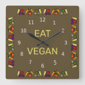 Horloge Carrée Eat Vegan, colourful vegetable design, your words (Recto)