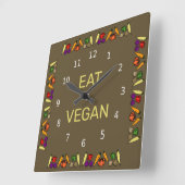Horloge Carrée Eat Vegan, colourful vegetable design, your words (Angle)