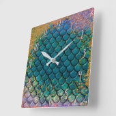 Horloge Carrée Écaille de poisson sirène glamour sarcelle violet  (Angle)