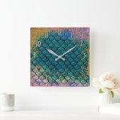 Horloge Carrée Écaille de poisson sirène glamour sarcelle violet  (Maison)