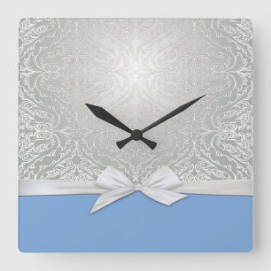 Horloge Carrée Écran Ribbon de luxe en argent/bleu Damask