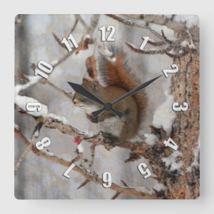 Horloge Carrée Écureuil d'hiver, neige et baies rouges Conception