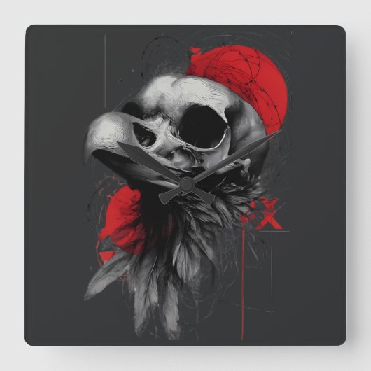 Horloge Carrée Edgy Crow Skull Gothic Grunge Wall Clock (Recto)