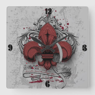 Horloge Carrée Effets rouges de grunge en métal de fleur-De-lis