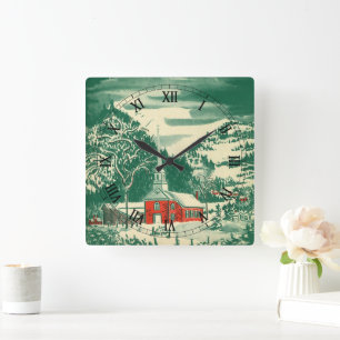 Horloge Carrée Eglise de Noël Vintage, paysage de neige en hiver