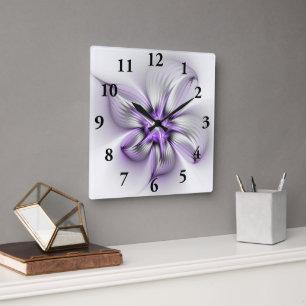Horloge Carrée Élégance florale Art fractal violet abstrait moder