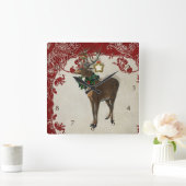 Horloge Carrée Élégance Vintage Noël Cerf Antlers Damask (Maison)