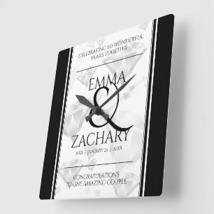 Horloge Carrée Élégant 60ème 75ème anniversaire de Mariage de dia