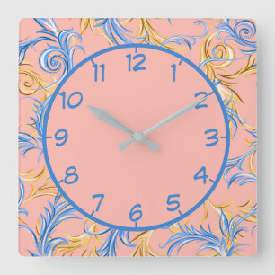 Horloge Carrée Elegant Arabesque Pink Blue Swirl Pattern