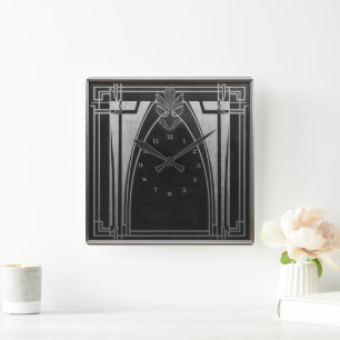 Horloge Carrée Élégant Argent Noir Art Déco