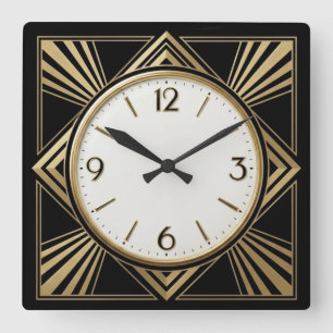 Horloge Carrée Élégant Art Déco noir et or