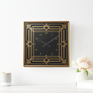Horloge Carrée Élégant Art Déco or noir