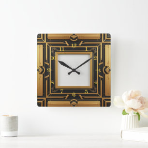 Horloge Carrée Élégant Art Déco or noir
