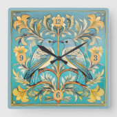 Horloge Carrée Élégant Art Nouveau Birds Pat#23 Turquoise Peach I (Recto)