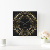Horloge Carrée Elegant Black & Gold Floral Frame (Maison)