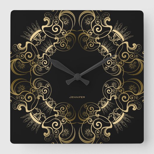 Horloge Carrée Elegant Black & Gold Floral Frame (Recto)
