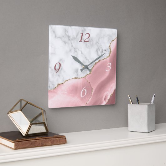 Horloge Carrée Élégant Blush Agate Gold Parties scintillant marbr (Bureau)