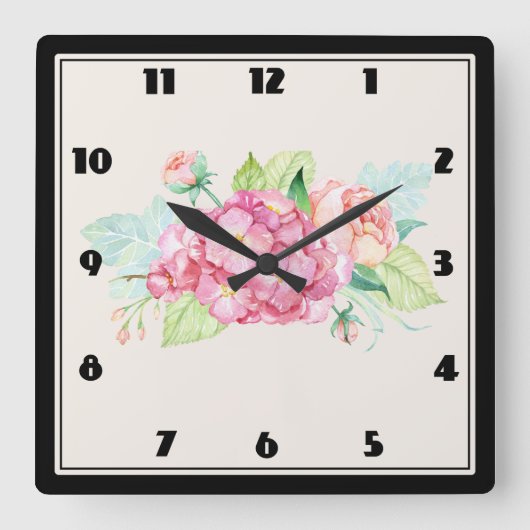 Horloge Carrée Elégant Bouquet de fleurs rose (Recto)