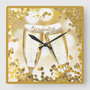 Horloge Carrée Elegant Champagne Glasses Celebrate Gold Confeti
